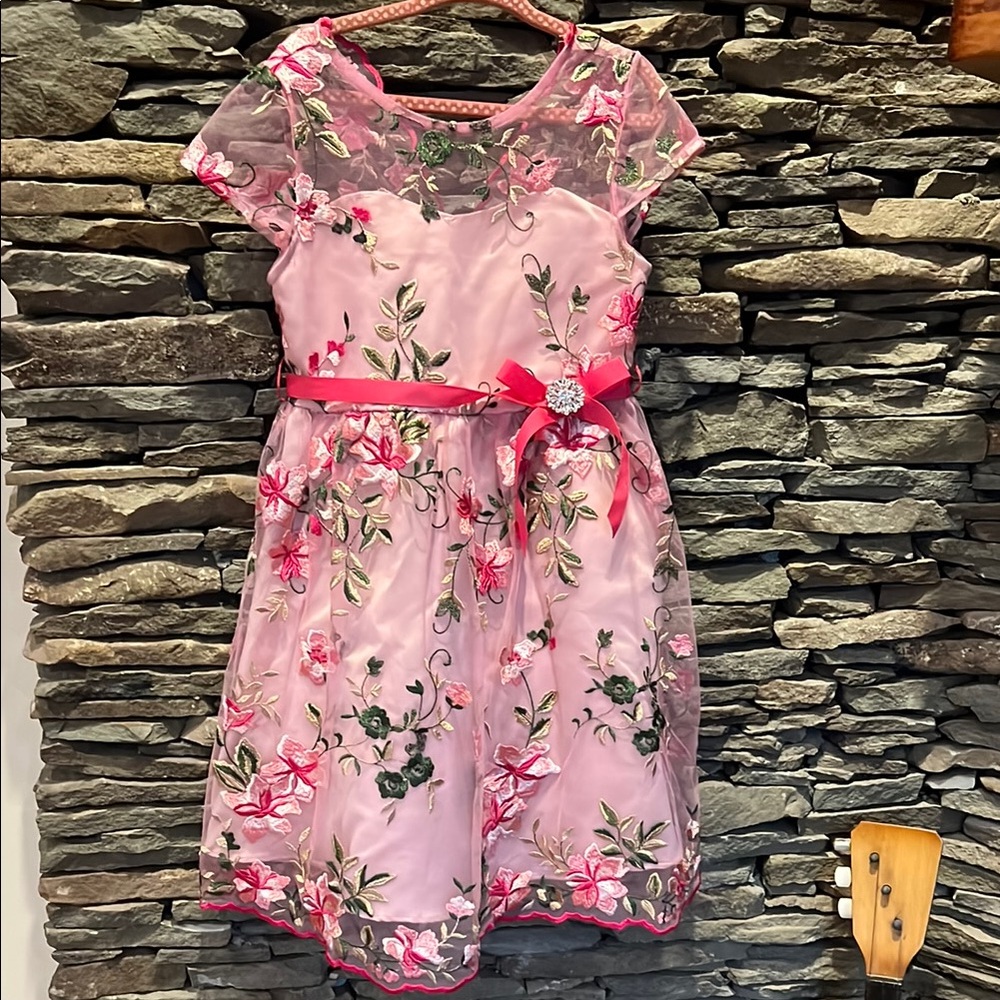 Floral Embroidery -Pink Kids Dress